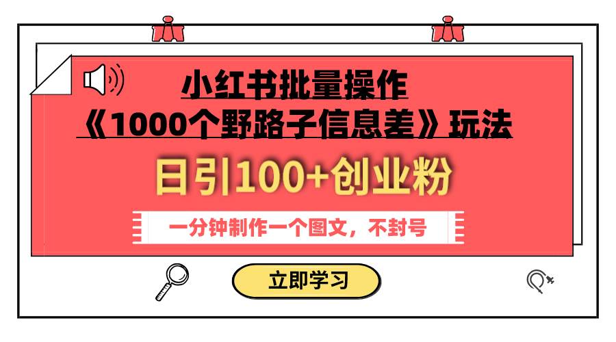 小红书批量操作《1000个野路子信息差》玩法 日引100+创业粉 一分钟一个图文-智宇达资源网