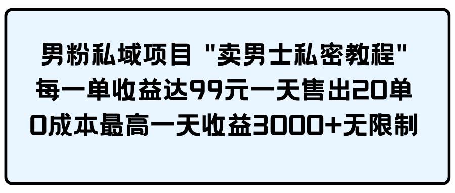 男粉私域项目 卖男士私密教程 每一单收益达99元一天售出20单-智宇达资源网