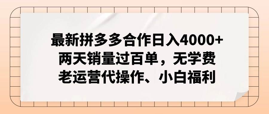 最新拼多多合作日入4000+两天销量过百单，无学费、老运营代操作、小白福利-智宇达资源网