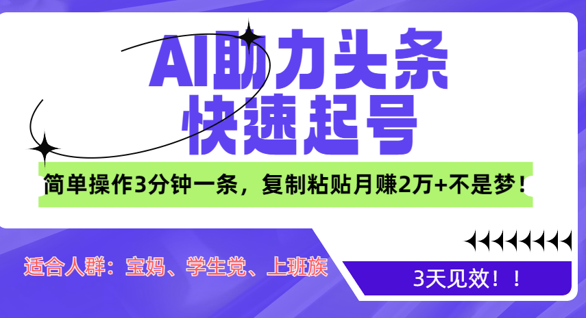 AI助力头条快速起号，3天见效！简单操作3分钟一条，复制粘贴月赚2万+不是梦！-智宇达资源网