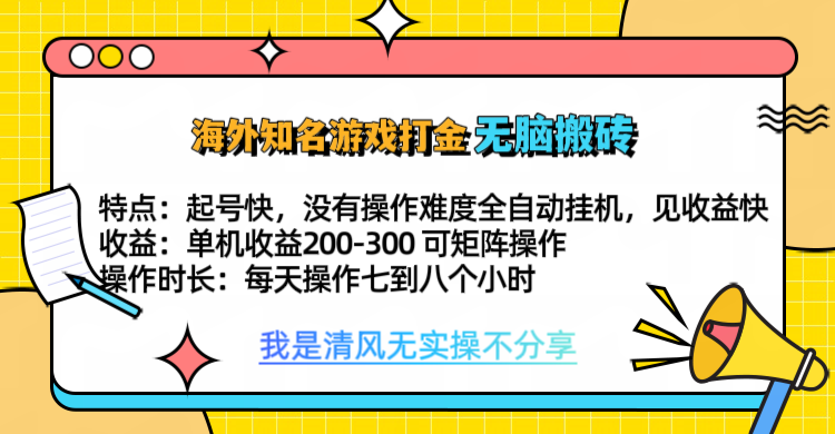 知名游戏打金，无脑搬砖单机收益200-300+  即做！即赚！当天见收益！-智宇达资源网