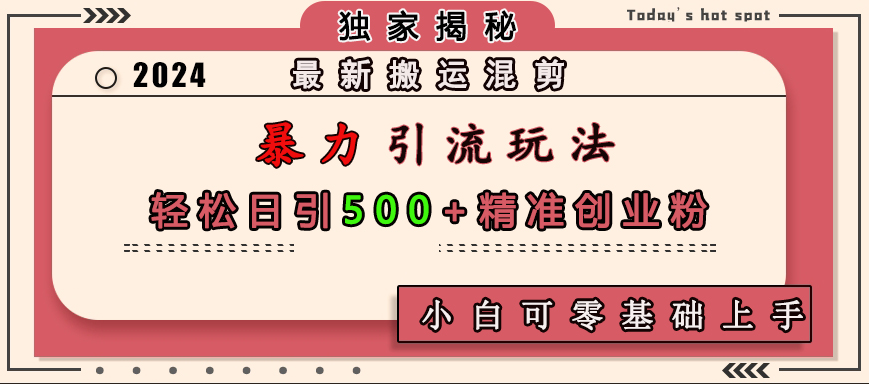 最新搬运混剪暴力引流玩法，轻松日引500+精准创业粉，小白可零基础上手-智宇达资源网